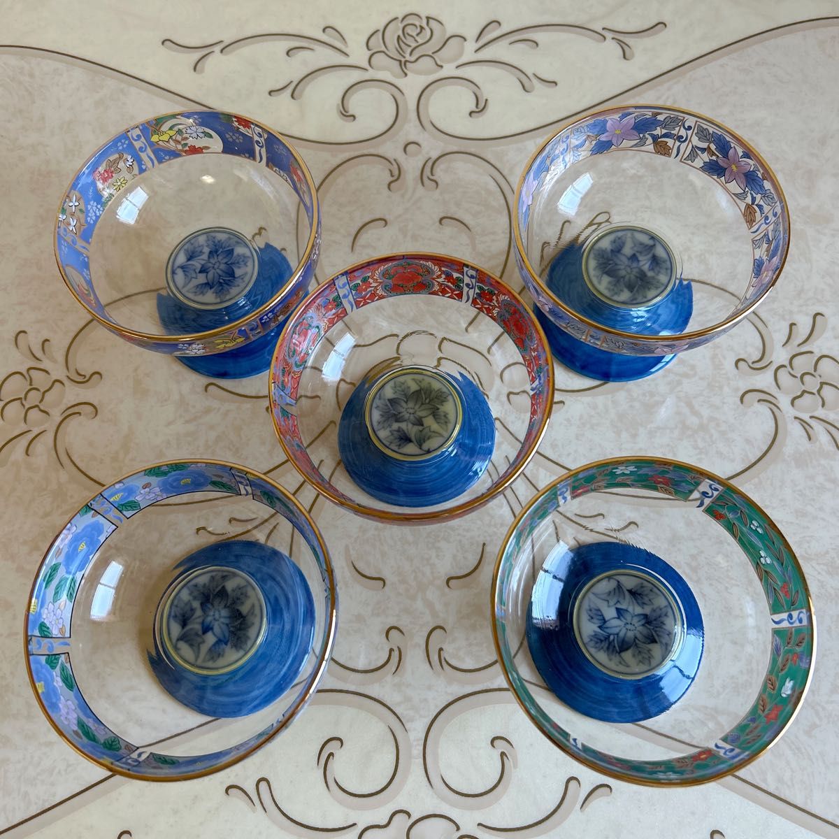 三洋陶器 龍峰窯 林斎 絵変わり ガラスデザート鉢揃 5客 高台 三洋陶器 龍峰窯 林斎 絵変わり ガラスデザート鉢揃 5客 高台