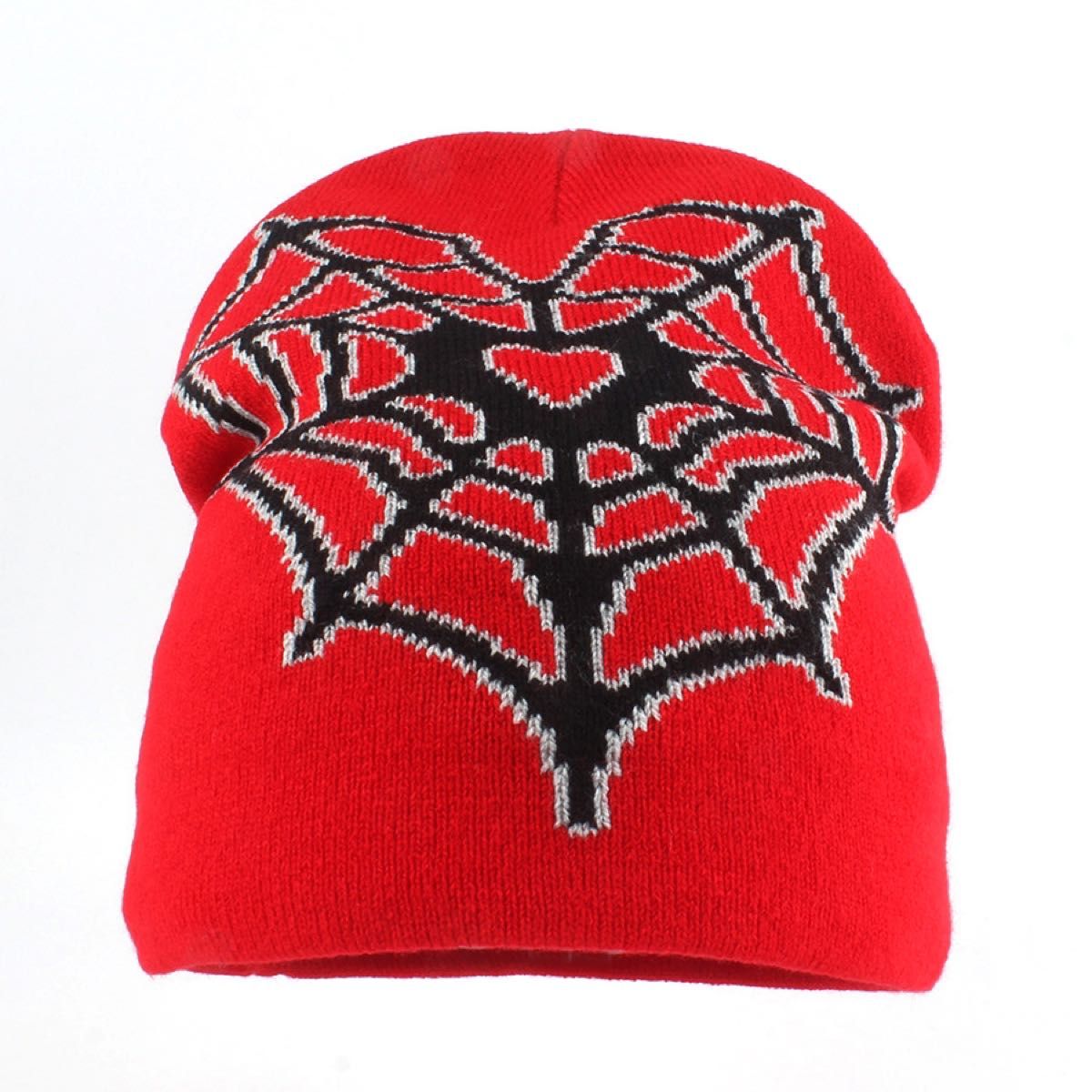 レッド スパイダーウェブハート ジャガードビーニー ニット帽 レッド スパイダーウェブハート ジャガードビーニー ニット帽