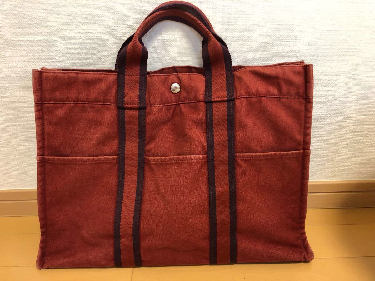 HERMES エルメス フールトゥ MM コットンキャンパス トートバッグ 赤