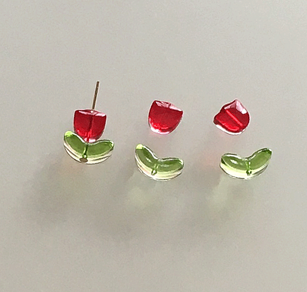 ガラスフラワー/チューリップ【赤色＋緑葉】10セットで150円