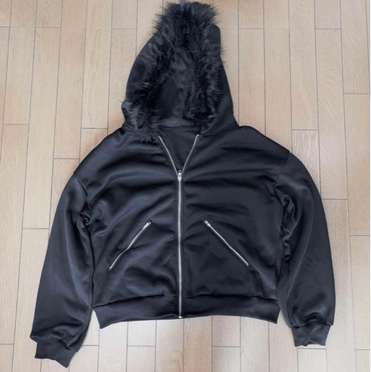 短丈 y2k fur zip hoodie ファー付き ジップパーカー ブラック 短丈 y2k fur zip hoodie ファー付き ジップパーカー ブラック