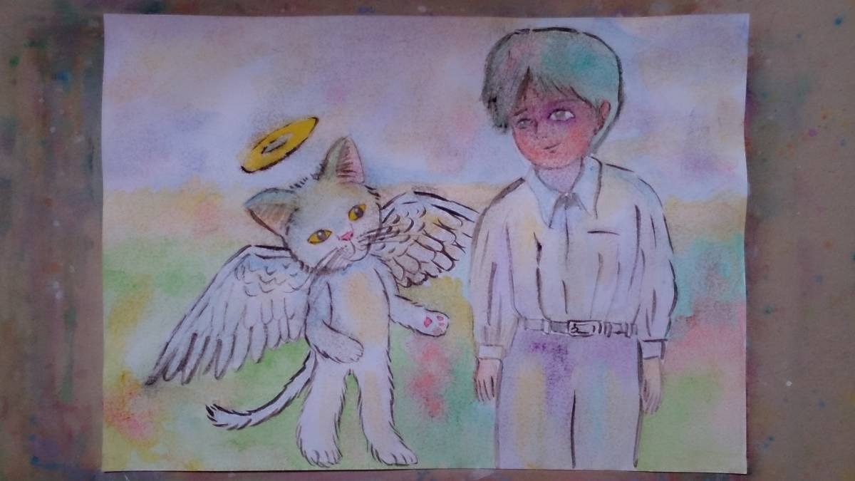 B5サイズオリジナル手描きイラスト 猫天使と少年_画像2