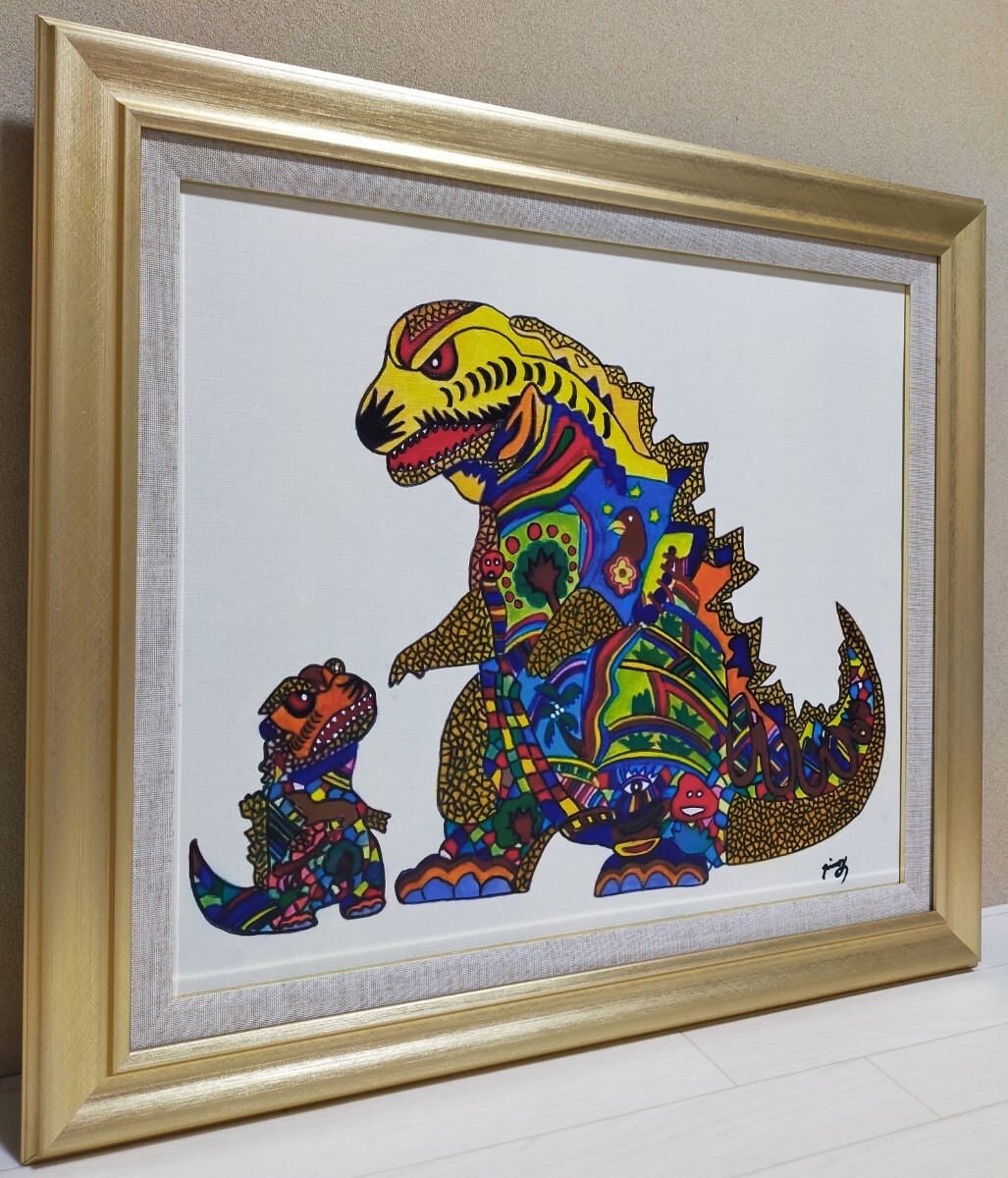 [F10 number ]jimi- large west (Godzilla) copy / hand .. large work / autograph guarantee / table reverse side autograph have / acrylic fiber / oil painting / picture / picture frame /( search ). interval . raw Okamoto Taro 