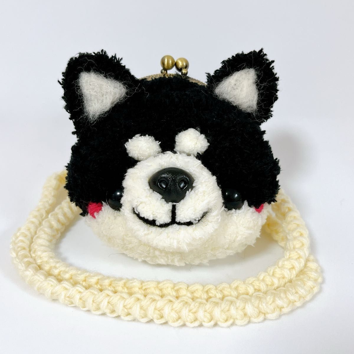 編みぐるみ犬がま口 柴犬 ハンドメイド もこもこ黒柴犬さん あみぐるみがま口 財布 ポーチ