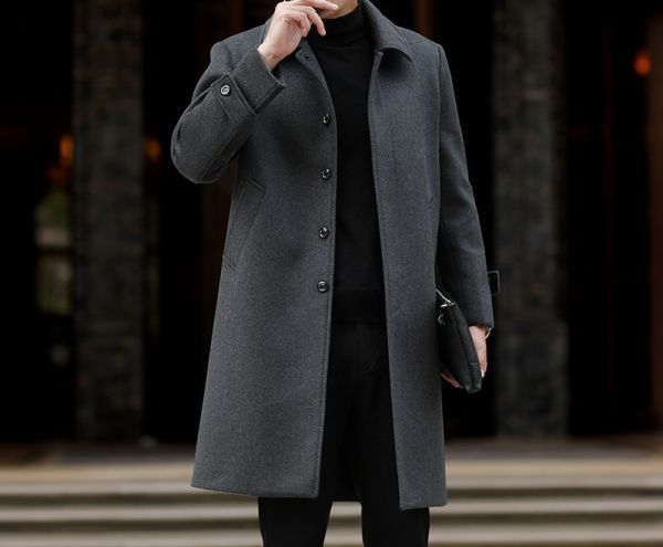  turn-down collar coat men's long gentleman for business formal commuting cashmere wool stylish pea coat over protection against cold genuine winter ash *4XL