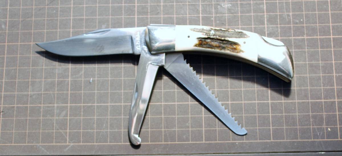 Cabela 's セドメHUNTING Knife Stainless steel 3 Blades Stag Handle. Blade:75mm.Closed:110mm・革ケース入
