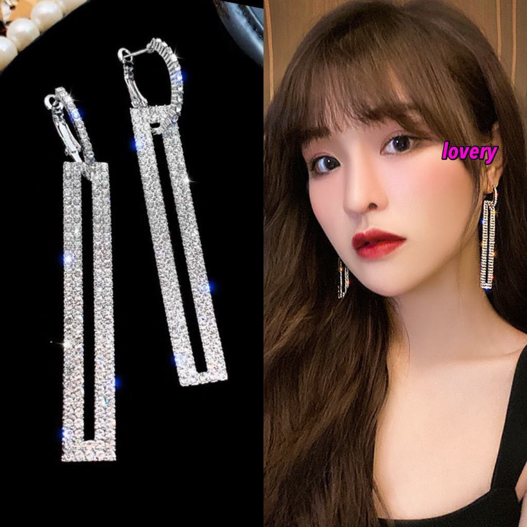 スクエアビシューピアス　シルバーピアス　韓国ピアス　ビシューピアス　大ぶりピアス　ロングピアス　お呼ばれ　パーティ　結婚式　卒業式_画像1