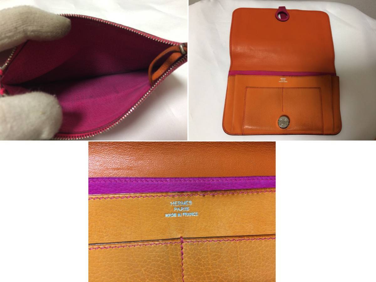 本物エルメスHERMESドゴンGM二つ折り長財布サイフオレンジピンク本革