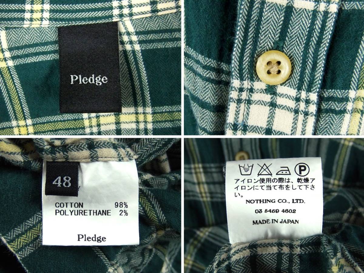 #Pledge Pledge / MADE IN JAPAN сделано в Японии / тугой Fit / стрейч проверка рубашка size 48 / зеленый / мужской tops 