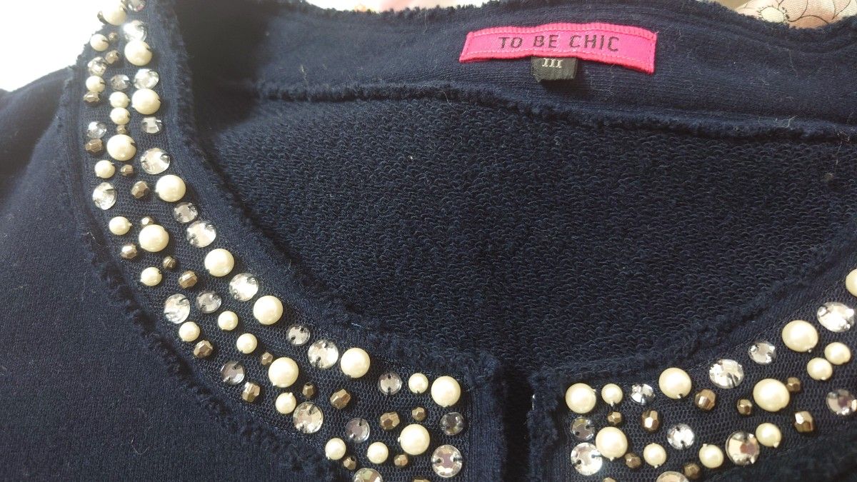 TO BE CHIC ネイビー ビーズ装飾 ノーカラージャケット サイズII TO BE CHIC ネイビー ビーズ装飾 ノーカラージャケット サイズII