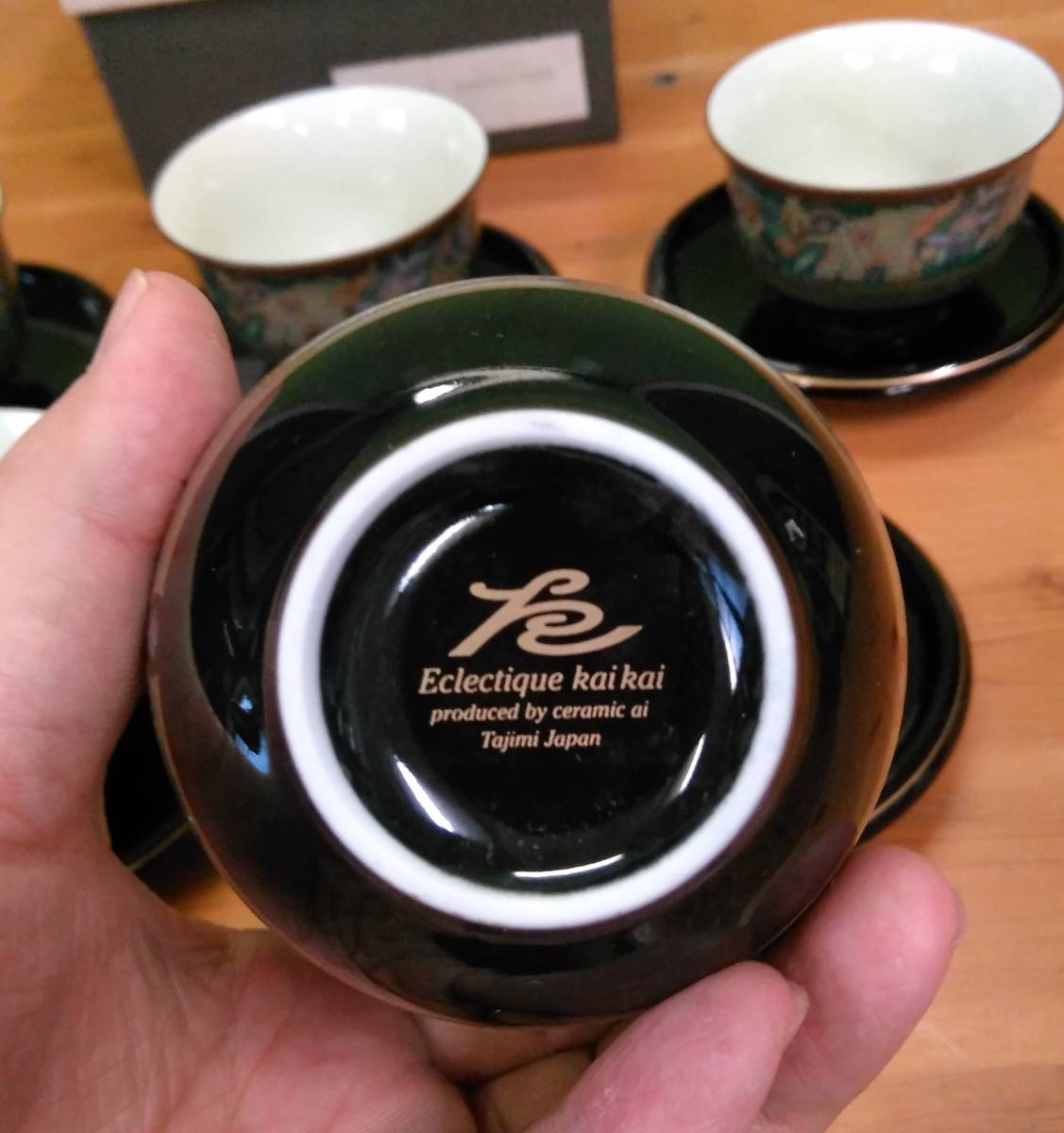 送料無料！象更紗茶托付煎茶揃　エキゾチックなデザインの茶器セットです。茶托は漆器です。5客セットです。展示品ですので劣化あり_画像4