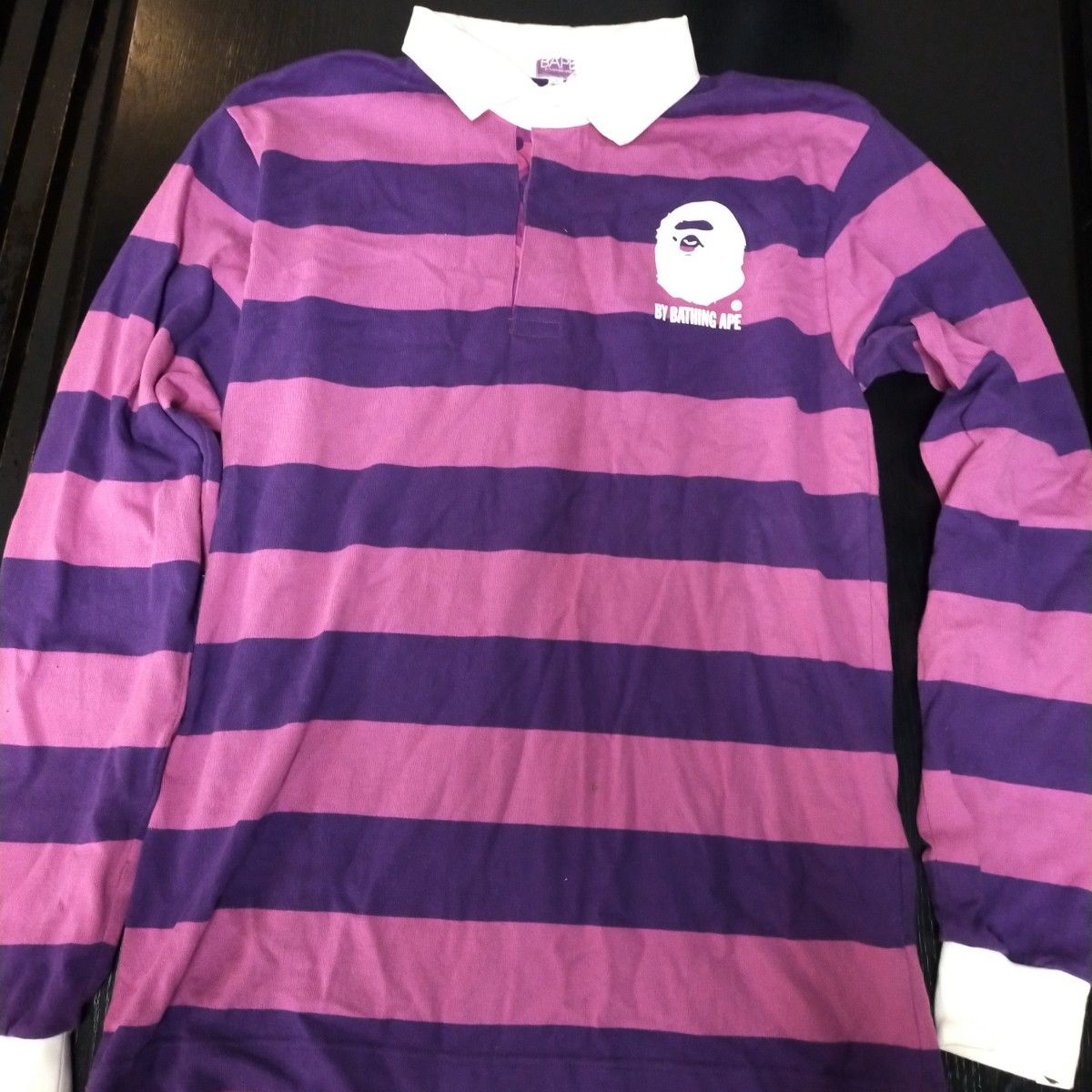APE エイプ パープルボーダー ポロシャツ ラガーシャツ 長袖 美 APE エイプ パープルボーダー ポロシャツ ラガーシャツ 長袖 美