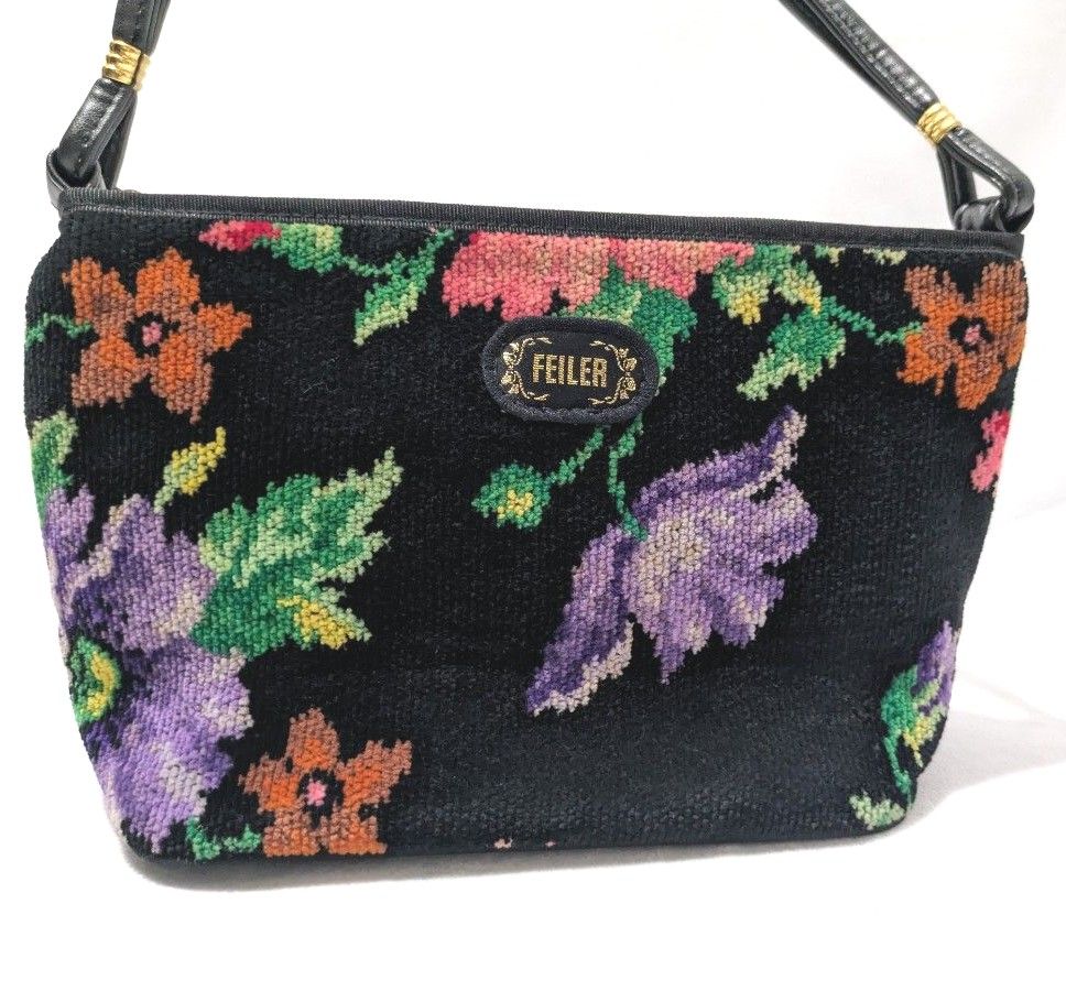 FEILER フェイラー ワンショルダーバッグ 黒 花柄 シュニール織 FEILER フェイラー ワンショルダーバッグ 黒 花柄 シュニール織