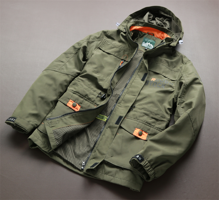 AS05　OUTDOOR　ジャケット　メンズ　L　マウンテンパーカー　アウトドア　フード付　カジュアル　防風　撥水　春秋　グリーン