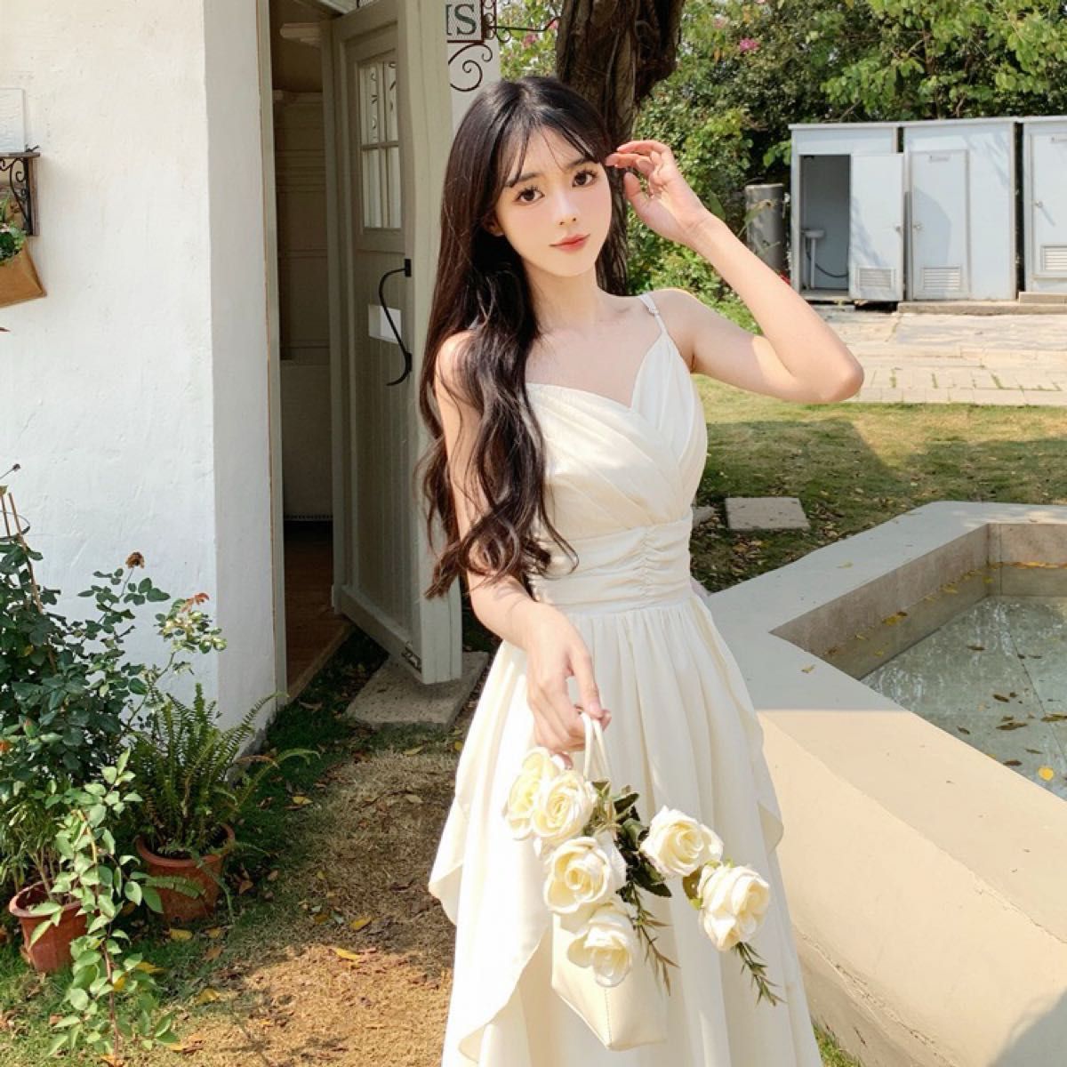パーティードレス 結婚式 ホワイト ロング フリル 韓国 ロングドレス ドレス ワンピース 発表会 結婚式 パーティー