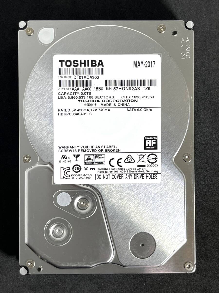 【送料無料】 ★ 3TB ★ TOSHIBA / DT01ACA300 【使用時間： 21 ｈ】 稼働極少 3.5インチ 内蔵HDD AVコマンド対応 SATA 東芝