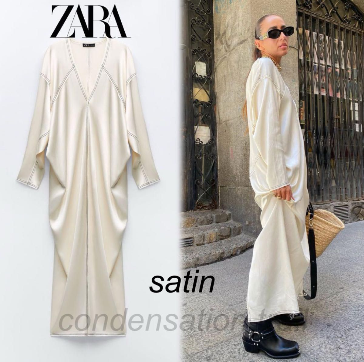 ZARA サテンワンピース トップステッチ ミディアムエクリュ M-L ZARA サテンワンピース トップステッチ ミディアムエクリュ M-L