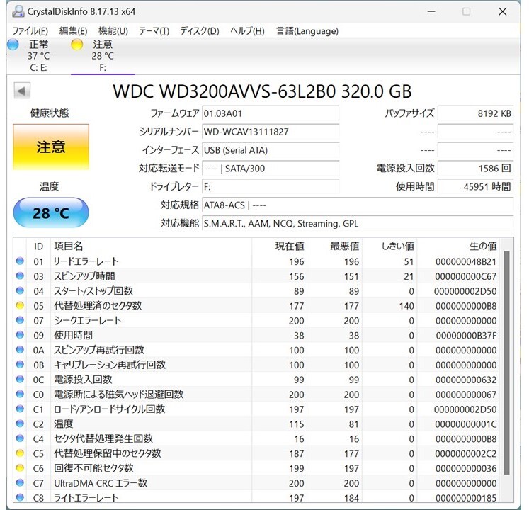 Crystal Disk Info 診断の結果「注意」表示