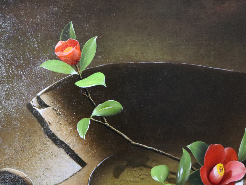九鬼三郎 古信楽に山椿 油彩画 F10号 静物画 古陶 花 リアリズム 九鬼三郎 古信楽に山椿 油彩画 F10号 静物画 古陶 花 リアリズム