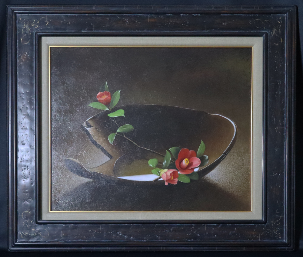 九鬼三郎 古信楽に山椿 油彩画 F10号 静物画 古陶 花 リアリズム 九鬼三郎 古信楽に山椿 油彩画 F10号 静物画 古陶 花 リアリズム