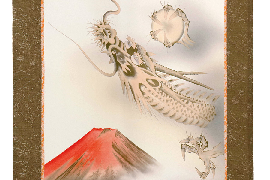 掛軸 赤富士昇龍図 和風 モダン 掛け軸 石田芳園 日本画 縁起 専用スタンド付き 高さ75cm_画像2