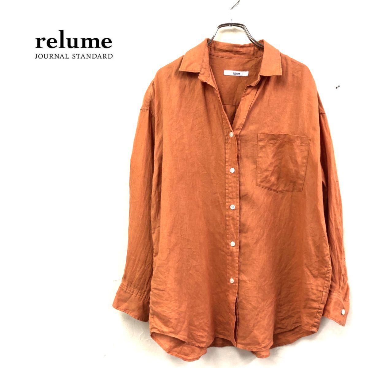 1O2460-W-N◆relume JOURNAL STANDARD レリューム ジャーナルスタンダード リネンシャツ 長袖 スキッパーネック◆size:FREE オレンジ系 麻