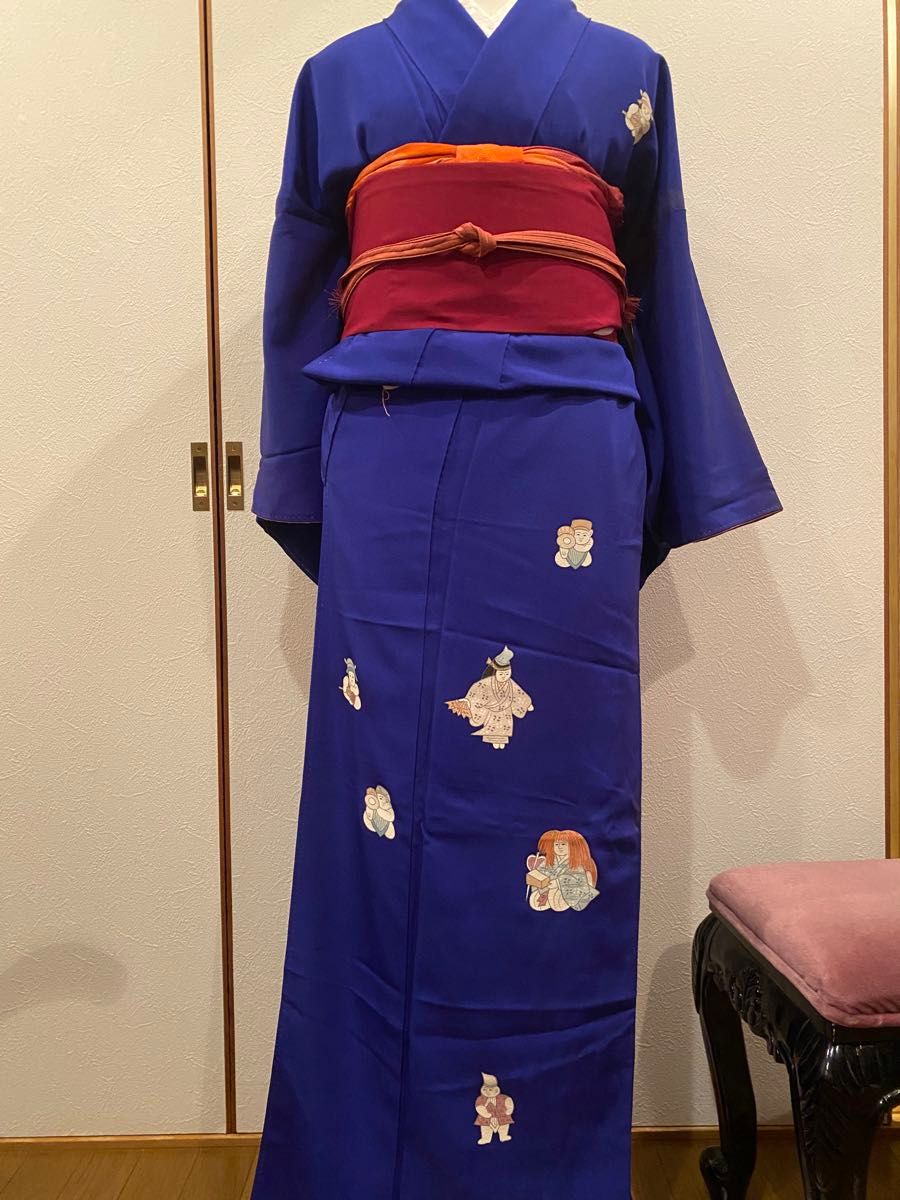 難あり 正絹付け下げ同柄帯セット 童子柄 劇団 舞台 演劇 藍色の 難あり 正絹付け下げ同柄帯セット 童子柄 劇団 舞台 演劇 藍色の