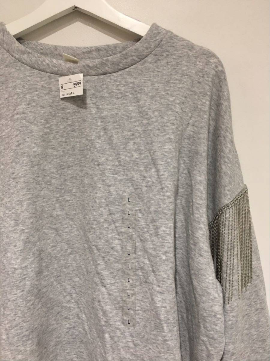 ★新品タグ付き　H&M　エイチ＆エム　トップス　トレーナー　カットソー　グレー　チェーン　フリンジ　定価５９９９　L_画像2