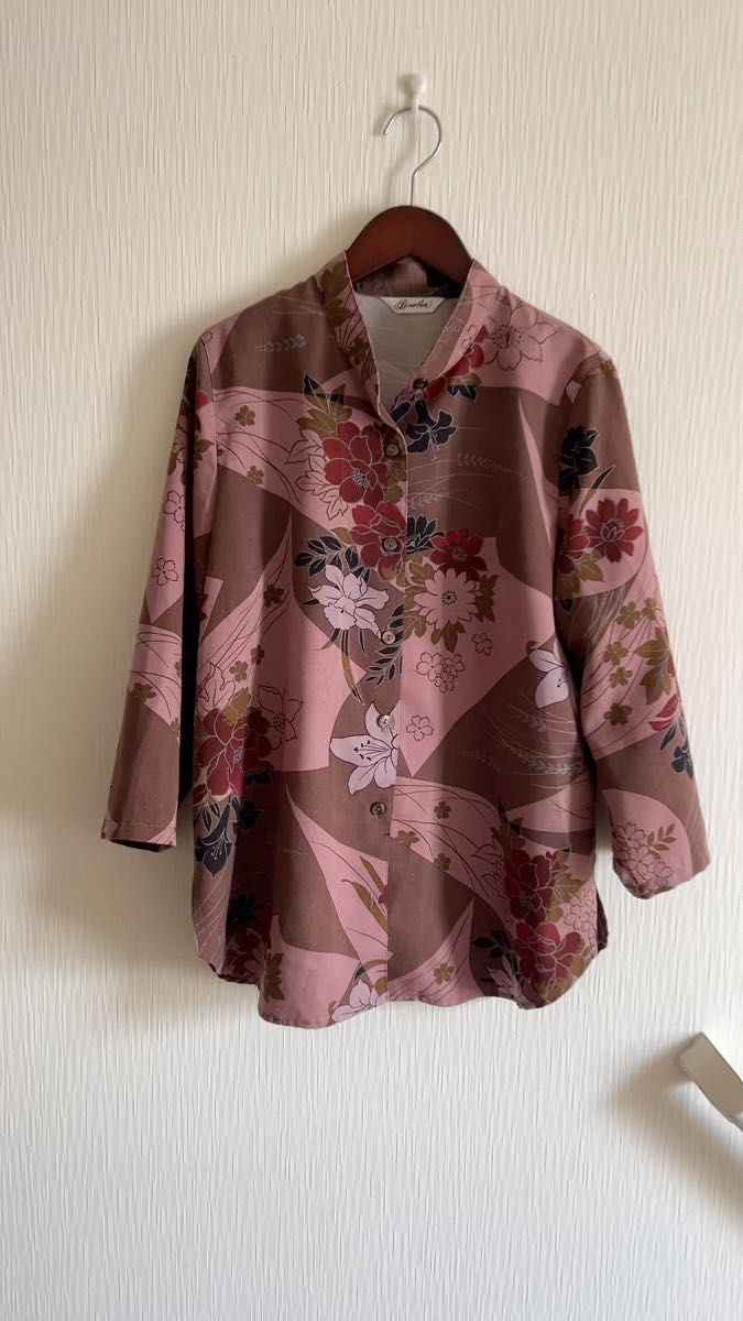 ミセスブラウス*花柄 バンドカラー和風