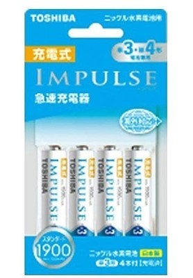 TOSHIBA RECHARGEABLE IMPULSE QUICK CHARGER SET SIZE3,4 OK WITH BATTERIES(min.1,900mAh) X4 TNHC-34MESM NO2_画像1