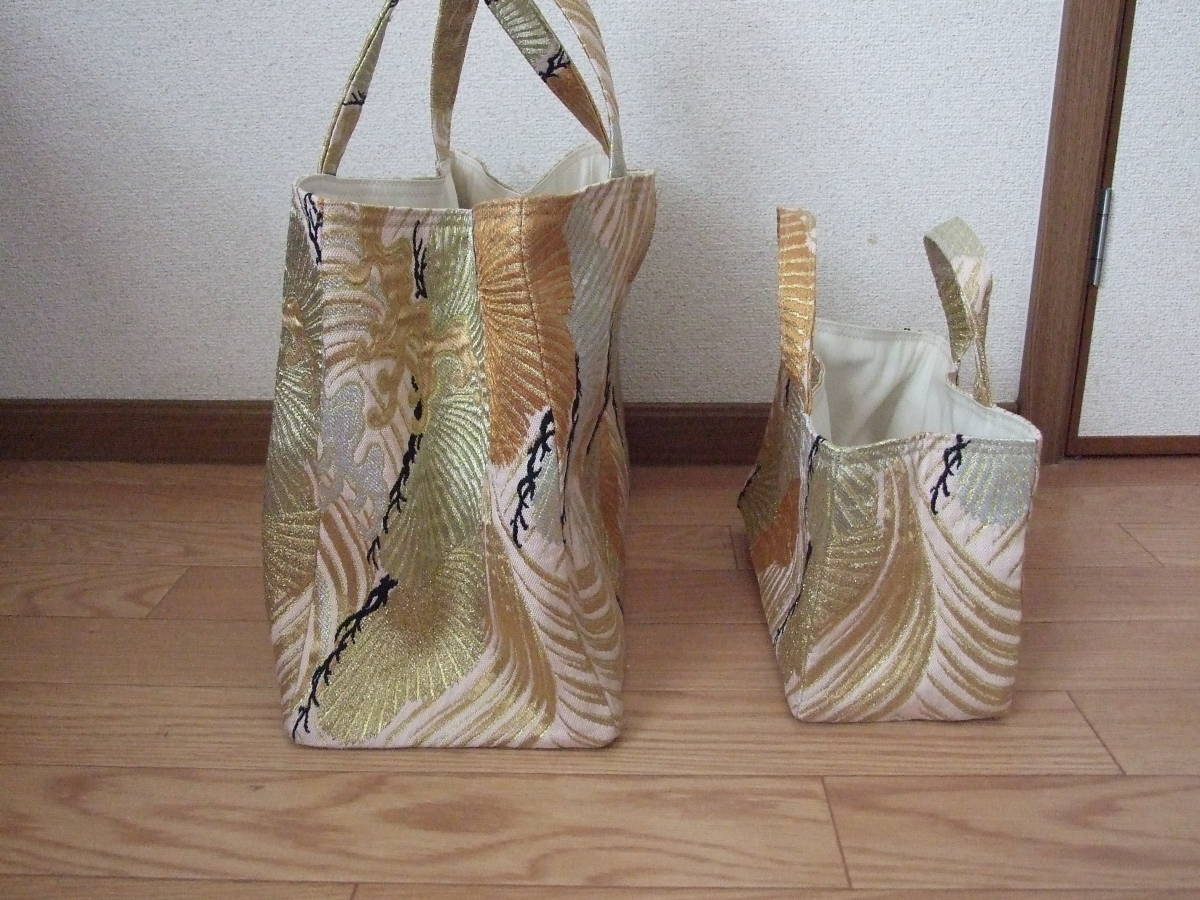 ◆未使用　着物バッグ　２点セット　絹　帯　ハンドメイド　金銀糸　正月　振袖　トートバッグ　ショッピング　旅行