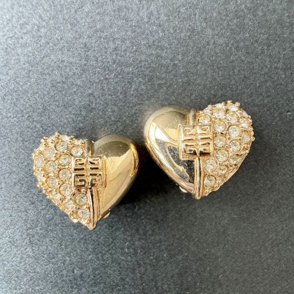 *ji van si.GIVENCHY Heart earrings both ear rhinestone Gold color accessory Vintage lady's Givenchy 