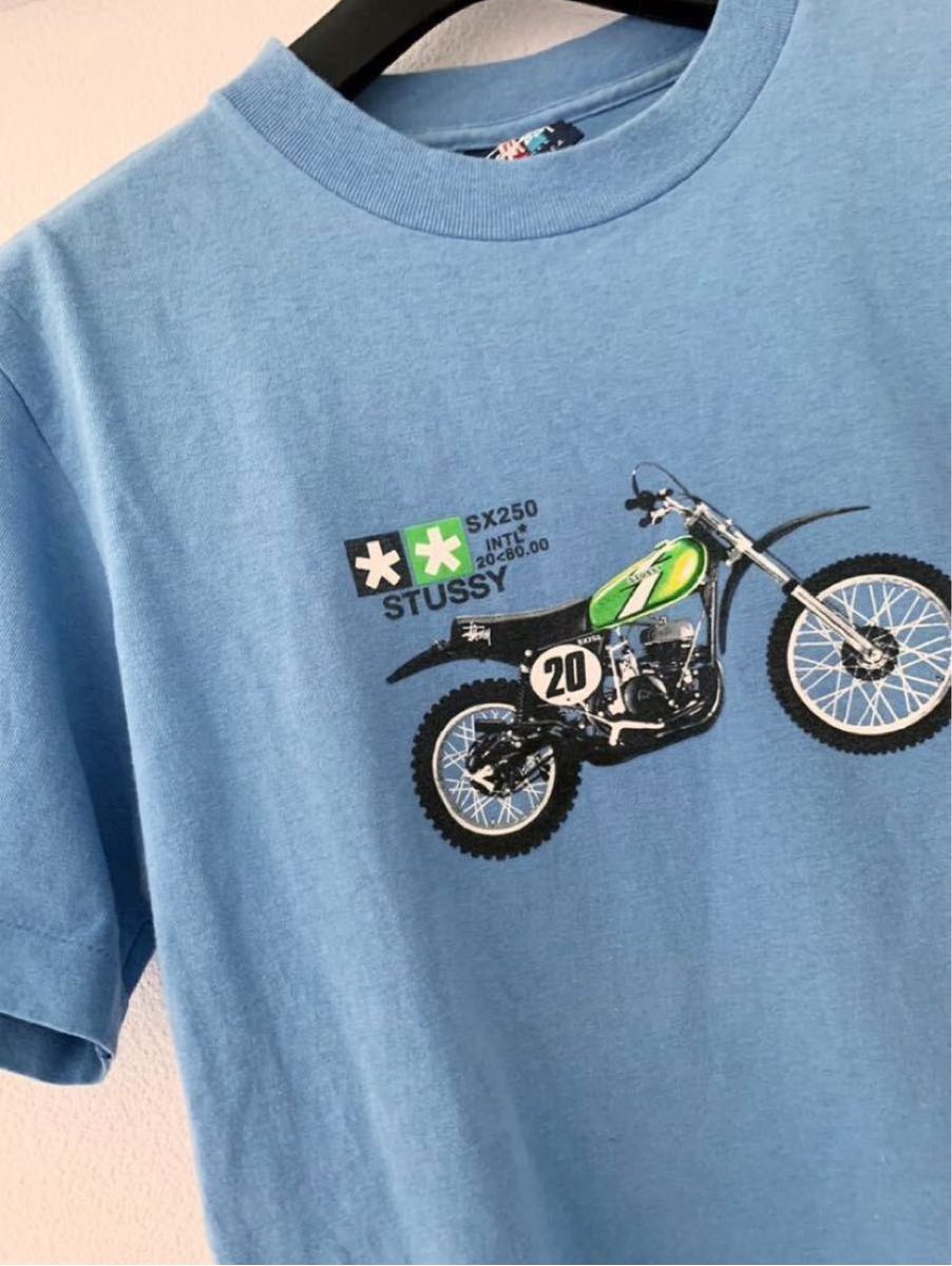 STUSSY 】90s OLD STUSSY SX250 バイク モトクロス Tシャツ 水色 STUSSY 】90s OLD STUSSY SX250 バイク モトクロス Tシャツ 水色