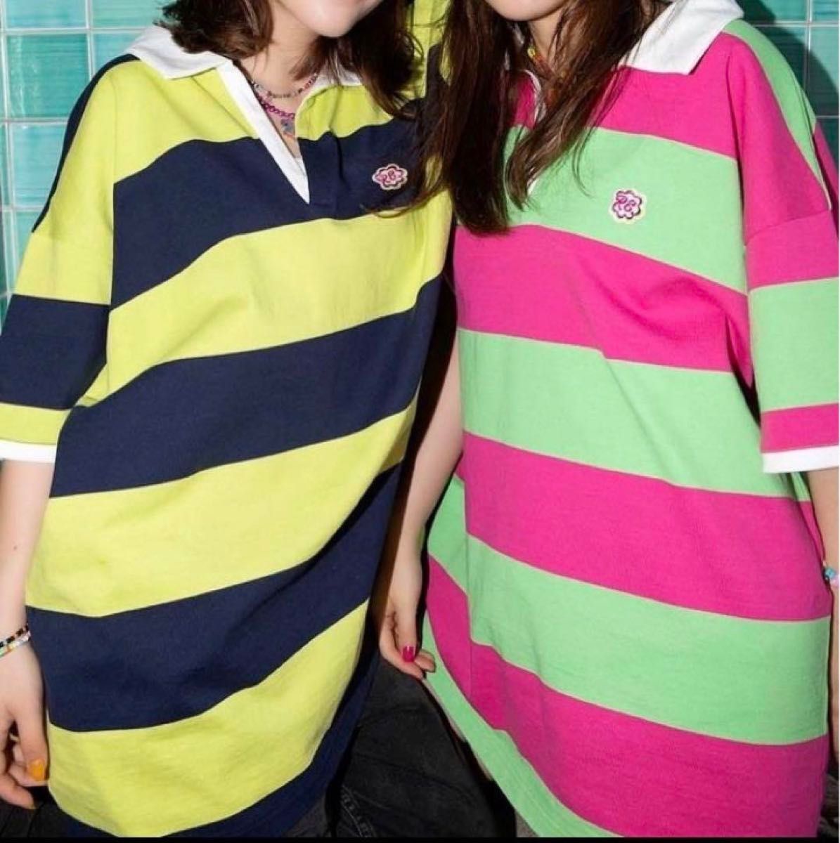【極美品】仲里依紗 re. ビッグラガーシャツワンピ yellow×navy Re. 仲里依紗 bigラガーシャツワンピ