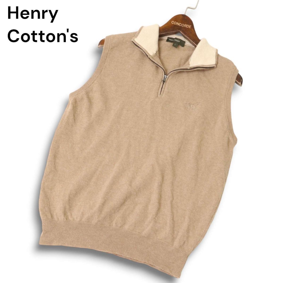 Henry Cotton's ヘンリーコットンズ 秋冬 ウール100％★ ロゴ刺繍 ハーフジップ ニット ベスト Sz.L　メンズ　A4T10302_A#K