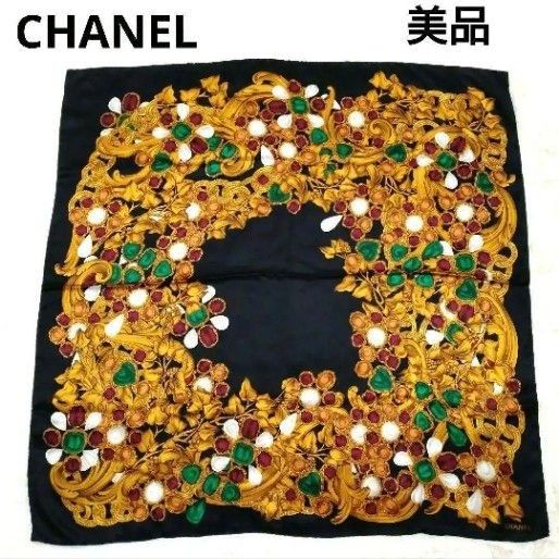 極美品】CHANEL シャネル 宝石柄 スカーフ シルク 黒 レディース 極美品】CHANEL シャネル 宝石柄 スカーフ シルク 黒 レディース