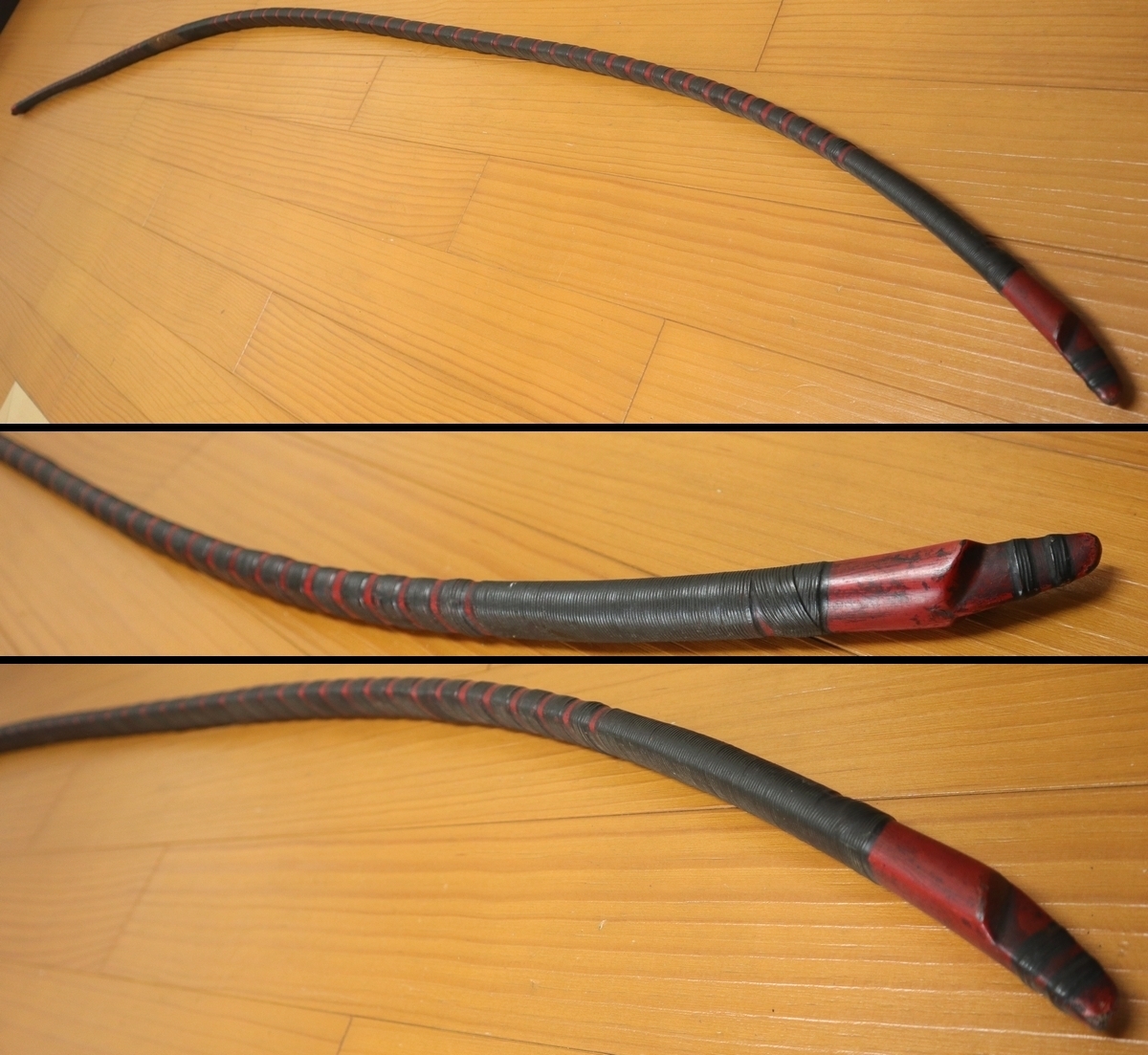 弓道具 黒漆塗赤重藤弓 並寸 弓力26K 重量約708.6g 強弓 和弓 弓道具 黒漆塗赤重藤弓 並寸 弓力26K 重量約708.6g 強弓 和弓