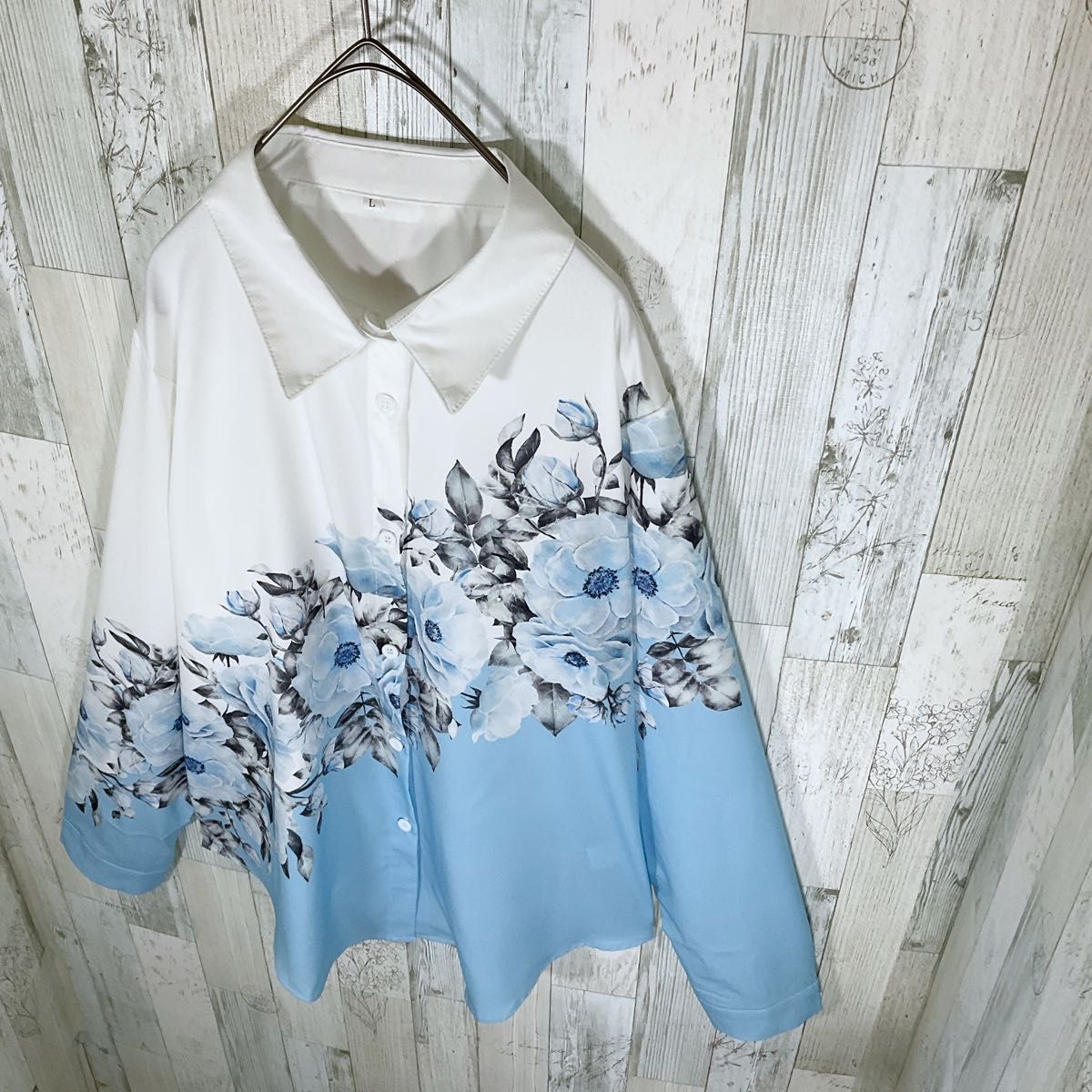 柄シャツ レディース 長袖 L 水色 未使用 古着 総柄 花柄 柄シャツ レディース 長袖 L 水色 未使用 古着 総柄 花柄