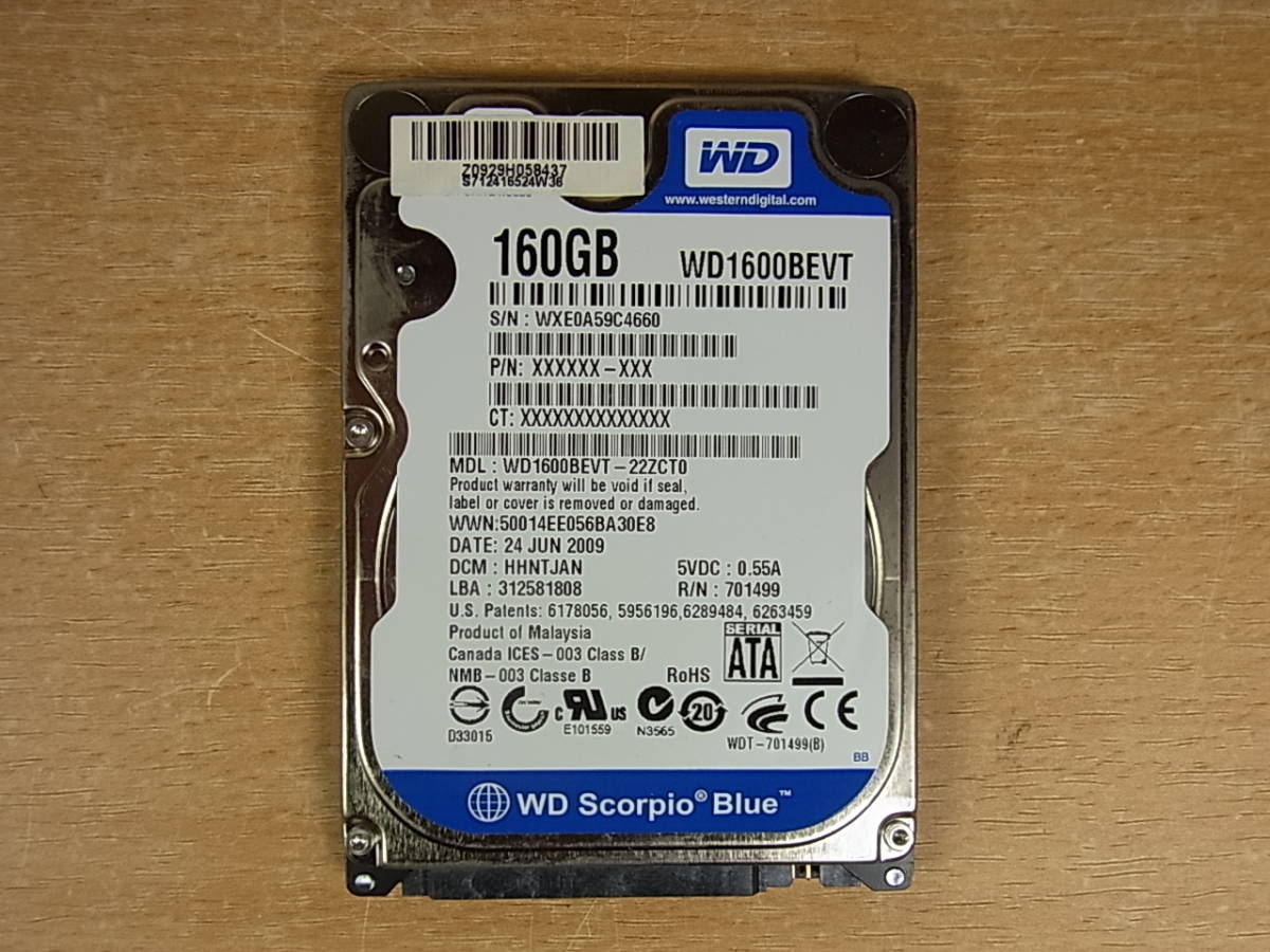 △A/693●ウェスタンデジタル Western Digital☆2.5インチHDD(ハードディスク)☆160GB SATA300 5400rpm☆WD1600BEVT☆中古品_画像1