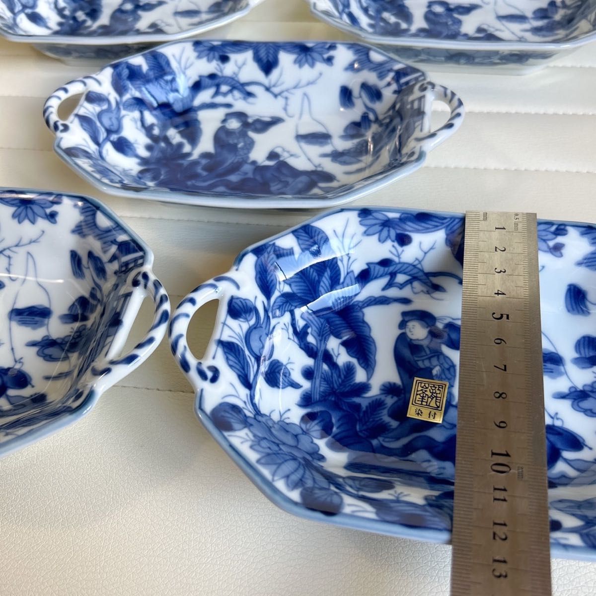 三洋陶器 龍峰窯 染付 取手付き 八角皿 5枚セット 中鉢 グラタン 三洋陶器 龍峰窯 染付 取手付き 八角皿 5枚セット 中鉢 グラタン