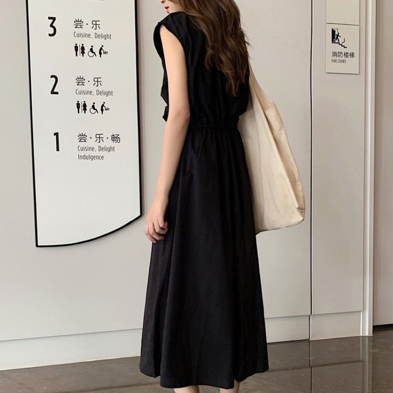 ロングワンピース ノースリーブ 黒 ブラック M/L ブラック L ロングワンピース ワンピース ノースリーブ 春夏