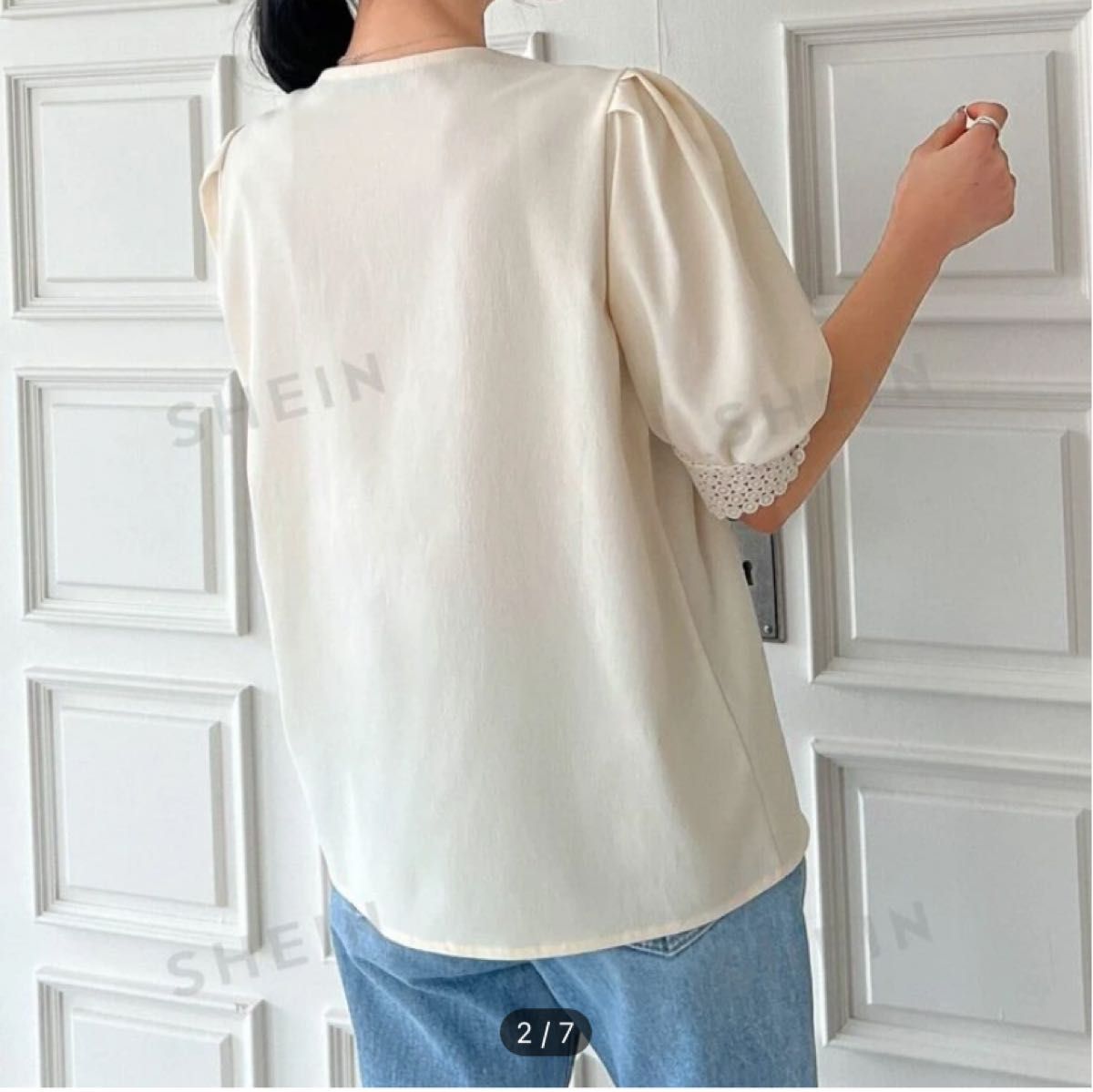 SHEIN  DAZY ボタンフロント レーストリム パフスリーブ ブラウス