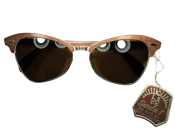 UNIQUEアーカイブ稀少デザインTAG付デッド1950s西ドイツ製 変形SEMI CATEYEブロー金張りGOLDx CHESTNUT size50/16当時物ガラスLENS