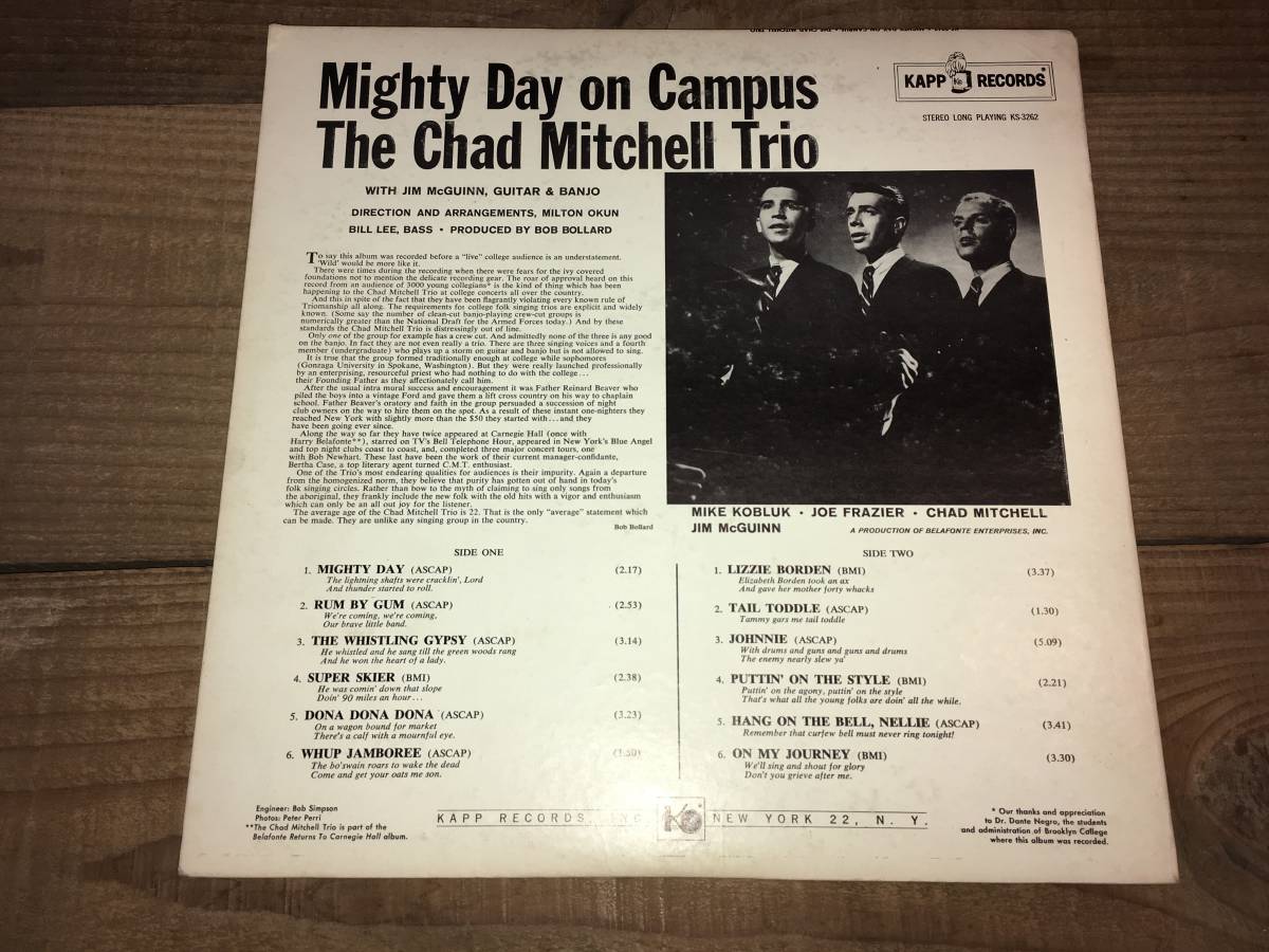 LPレコード/US盤●チャドミッチェルトリオThe Chad Mitchell Trio / Mighty Day On Campus_画像2