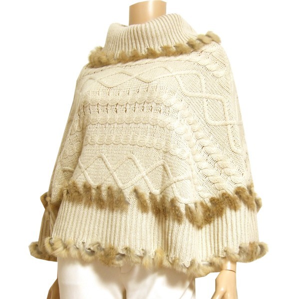 H beautiful goods / SunaUna SunaUna ultimate . knitted poncho inscription 38 number (9 number M size corresponding ) autumn winter beige outer fur attaching lady's 