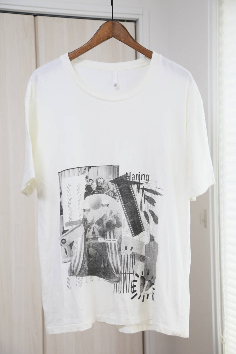 ★日本製HUMIS(TAKAHUMI NOHARA)プリント半袖Tシャツ　　古着ユーズド男性メンズ白ホワイトMコラージュ写真フォト丸首インナートップス_画像1