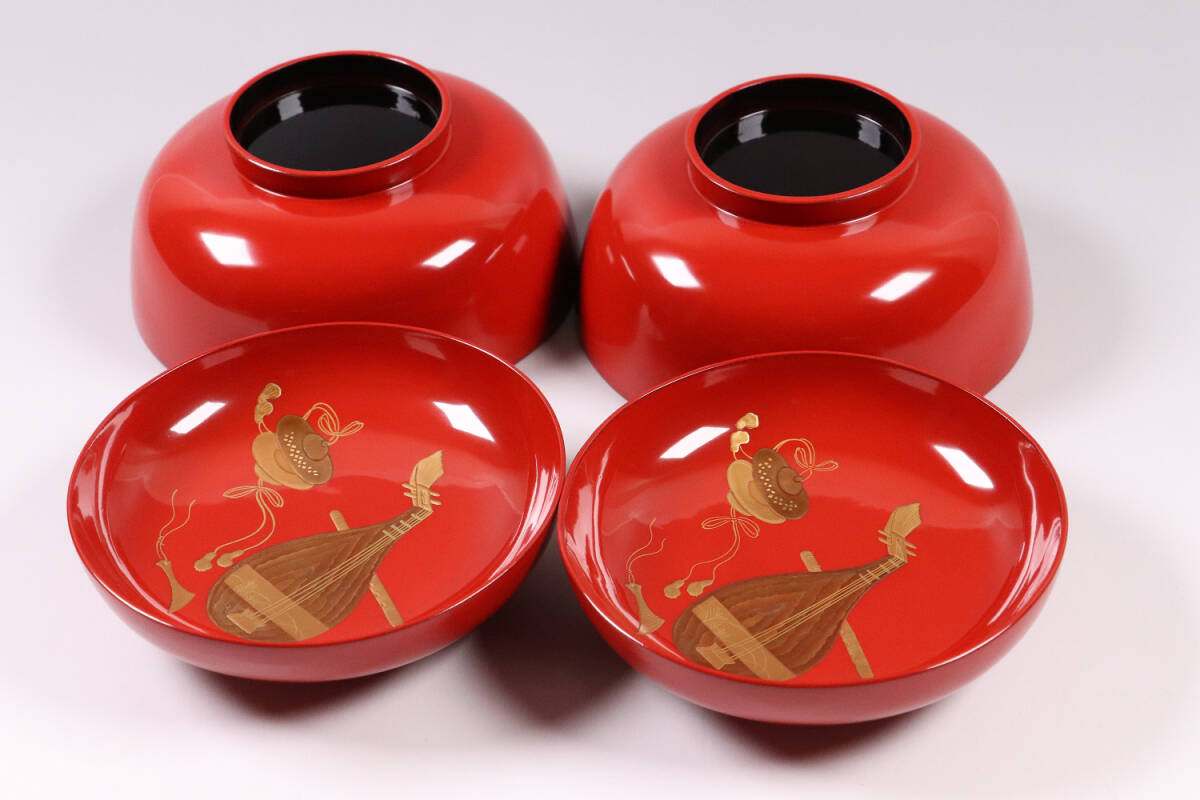 CL36 輪島塗 諫鼓鶏金蒔絵 黒塗椀 二客 木製漆器 鶏 太鼓 草花