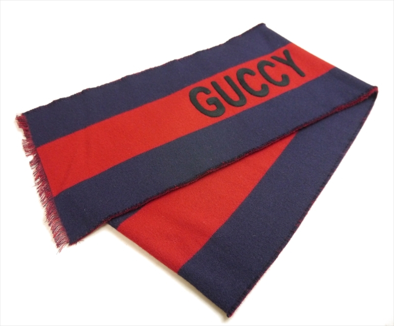 極上品 グッチ マフラー レッド ネイビー ウール シルク GUCCY メンズ レディース 訳アリ 激安 本物鑑定済み