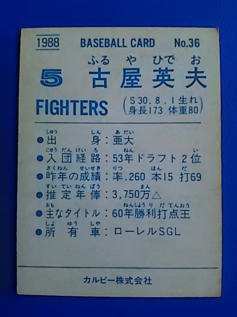 1988年 カルビー プロ野球カード 日本ハム 古屋英夫 No.36_画像2
