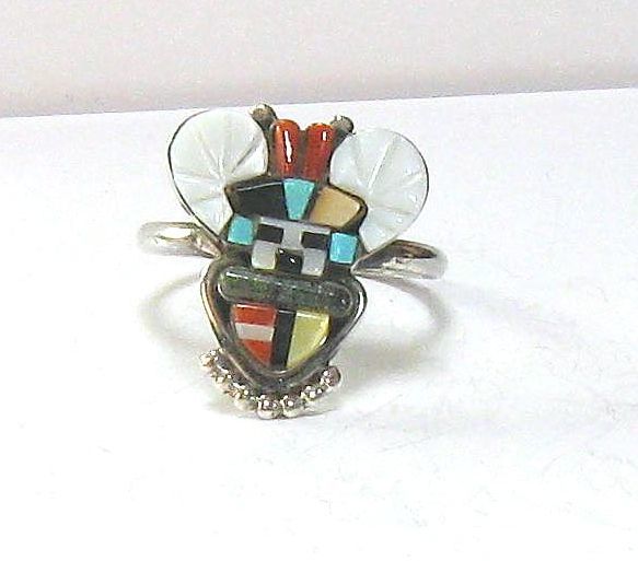 80\'szni group turquoise & silver kachi-na ring multicolor in Ray shell Vintage including carriage 